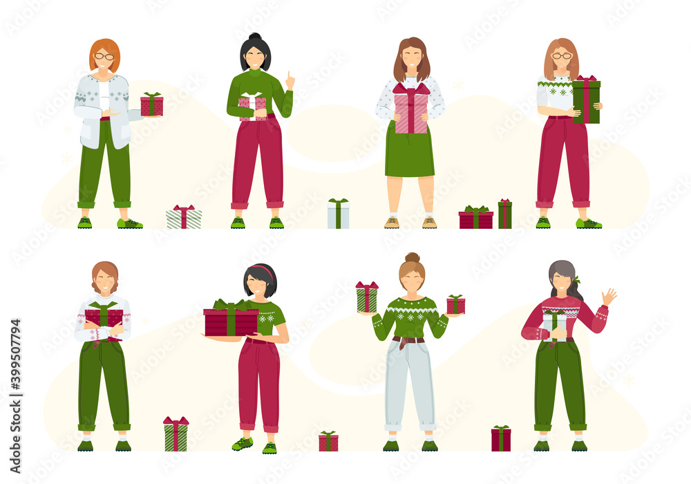 Girls in Christmas sweaters with gifts in hands.