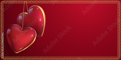 Couple of beautiful hearts. Luxury template for invitation to the affiance, wedding or Valentine's Day. Red empty card is decorated with a two hearts and vintage border. 3d realistic gem accessory.