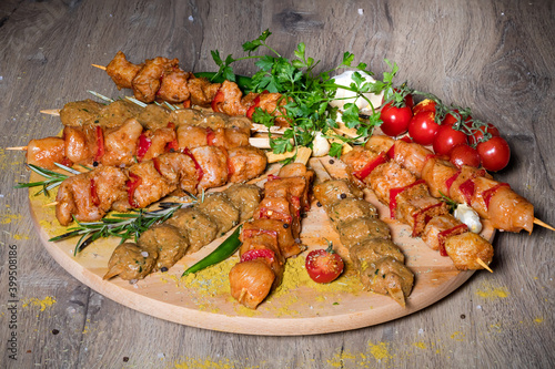 Arabic food, raw meat on wood, complex menu 