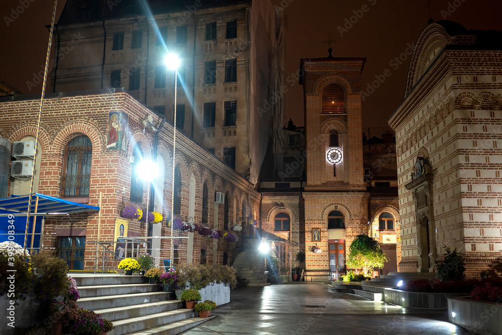 Pedestrian street at night in Bucharest, Romania