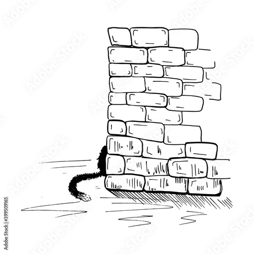 The cat hid behind a brick wall. Hand-drawn black and white sketch. Vector illustration