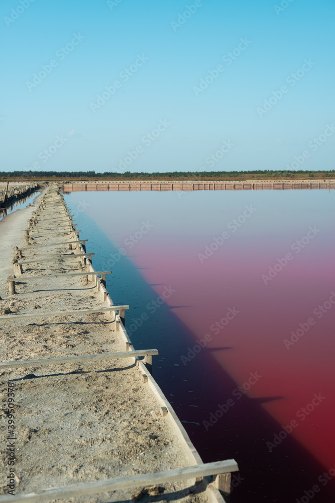 Pink salt lake. Production of pink salt. Soft selective focus.