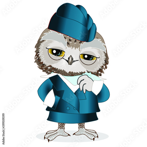 owl girl stewardess in a blue flight uniform, funny cartoon character, color emoticon on white isolated background