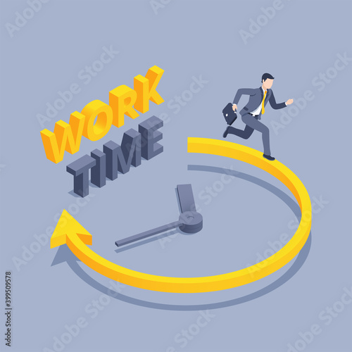 isometric vector illustration on a gray background, a man in a business suit with a briefcase runs along the yellow clock arrow and 3D text work time