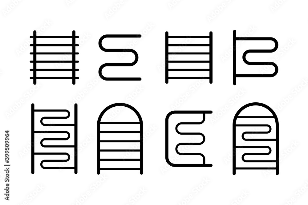 Bathroom heated towel rail icon set. Towel dryer. Vector illustration isolated on white background Bathroom heated towel rail icon set. Towel dryer. Vector illustration isolated on white background