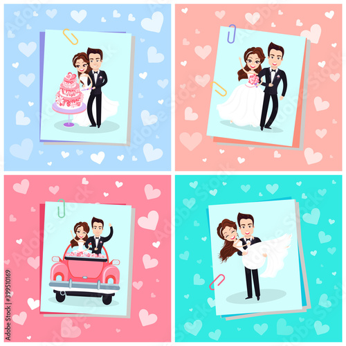 Happy man and woman standing together, smiling bride in white dress holding bouquet and groom in suit, wedding or Valentine day, marriage holiday vector