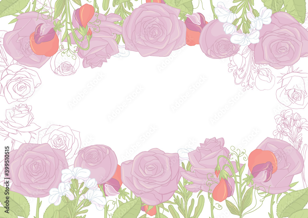 Card with hand drawn rose and peony arrangement. Greeting card template. Vector illustration.