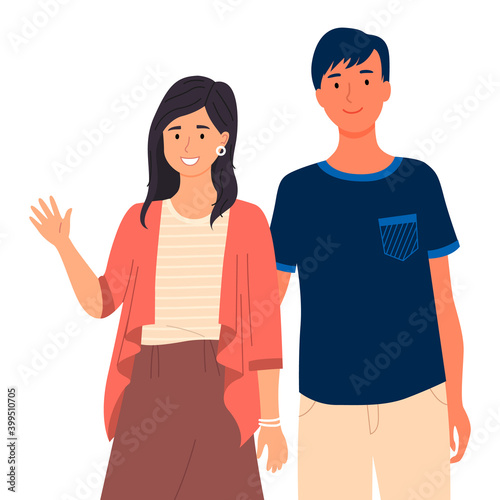 Young people in casual clothes isolated on white background. Friends guy and girl, couple in love. Smiling man and woman standing straight. Married couple husband and wife. Colleagues portrait