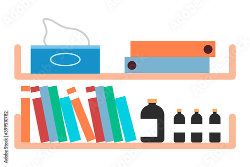 Shelf with folders, documents, disposable napkins, medicine bottles, drug bottle, medical records, reports, medical tests. Equipment of the veterinary office shelves, racks. Flat vector image for web