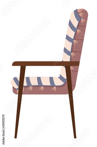 Striped chair upholstered in cloth isolated on white background. Furniture for interior design flat vector illustration. Interior item on wooden legs. Furniture model made of wood for sitting