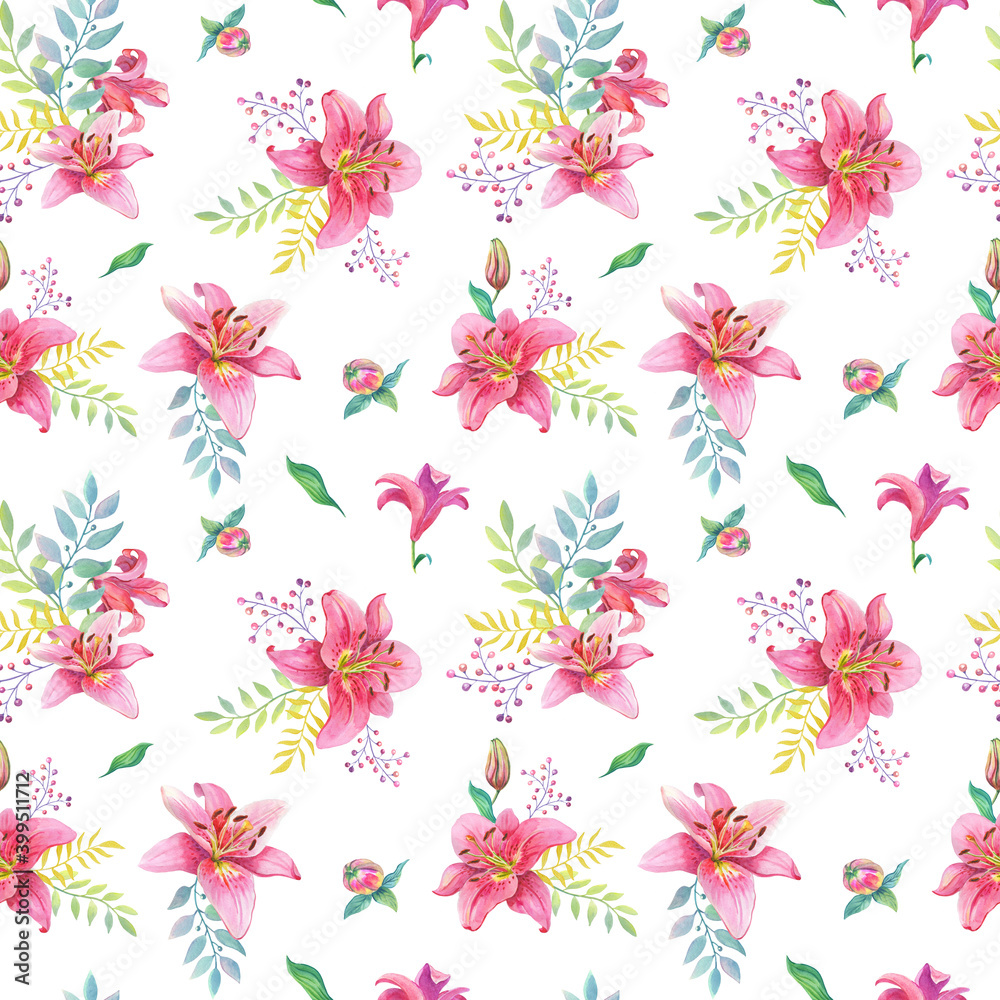 Watercolor Pink Lilies.Seamless pattern. Flowers on a white background.Watercolour illustration can be used for print,