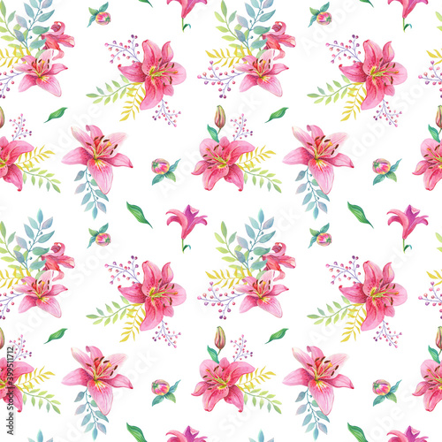 Watercolor Pink Lilies.Seamless pattern. Flowers on a white background.Watercolour illustration can be used for print,