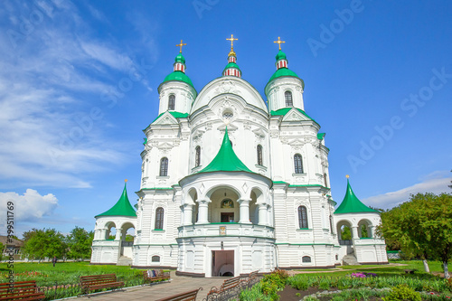 Beautiful white green-domed orthodox church in Ukrainian town of Kozelets