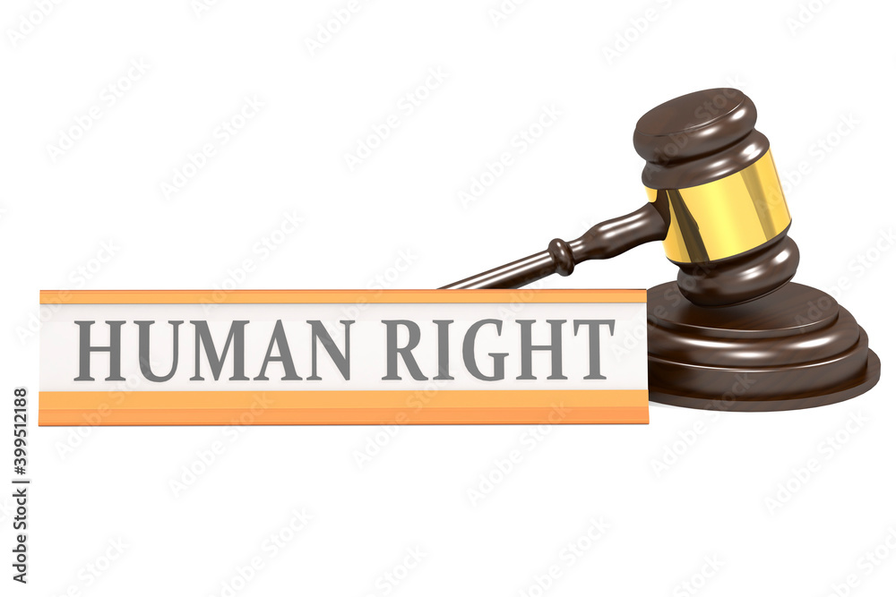 Wooden judge gavel and human right banner