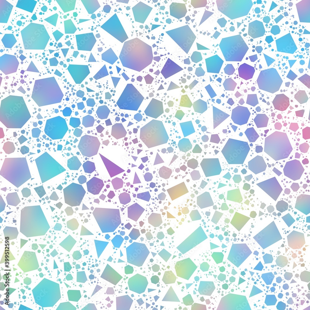Holographic foil vivid trendy seamless geometric pattern. Opalescent psychedelic design in pastel rainbow colors. Cosmic futuristic iridescent graphic swatch.