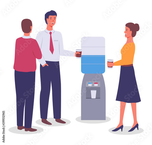 Vector flat illustration of office workers standing near water dispenser or water cooler, holding paper cups with drinks, tea or coffee. Managers have coffee break. Colleagues communicating, talking