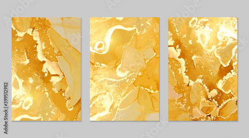 Set of yellow, honey and gold marble abstract patterns. Alcohol ink technique stone texture. Vector background. Modern paint with glitter. Banner, poster design template.
