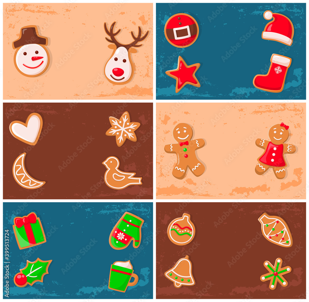 Fototapeta premium Holly jolly gingerbread man cookie presents set vector. Bird and heart, Santa Claus and snowflake reindeer snowman and mistletoe gift mitten and cone
