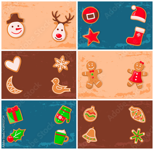 Holly jolly gingerbread man cookie presents set vector. Bird and heart  Santa Claus and snowflake reindeer snowman and mistletoe gift mitten and cone