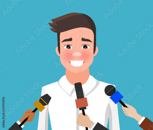 Press conference with a smiling man. Journalist with microphone interviews handsome superstar guy. Young male character in a white shirt while recording audio. Correspondent holds special equipment