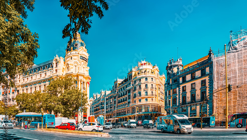 Gran Via Street in Madrid,at day time, traffic, car on Gran Via