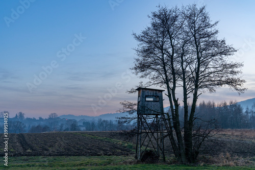 A hunter's tower in the fields hidden behind a tree
