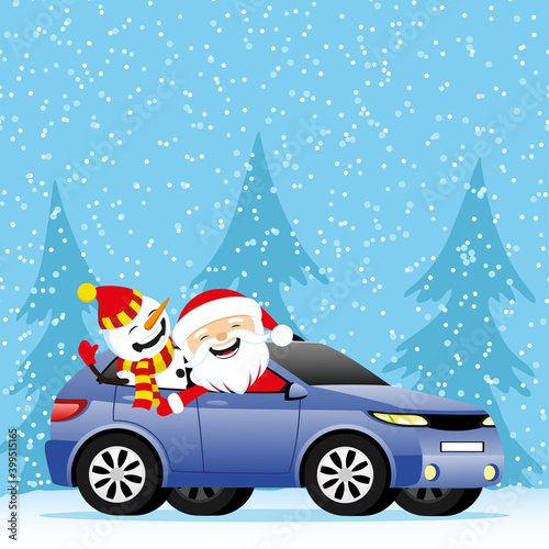 Christmas winter illustration with Santa Claus and snowman in car.