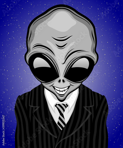Illustration with extraterrestrial alien in striped suit with tie.