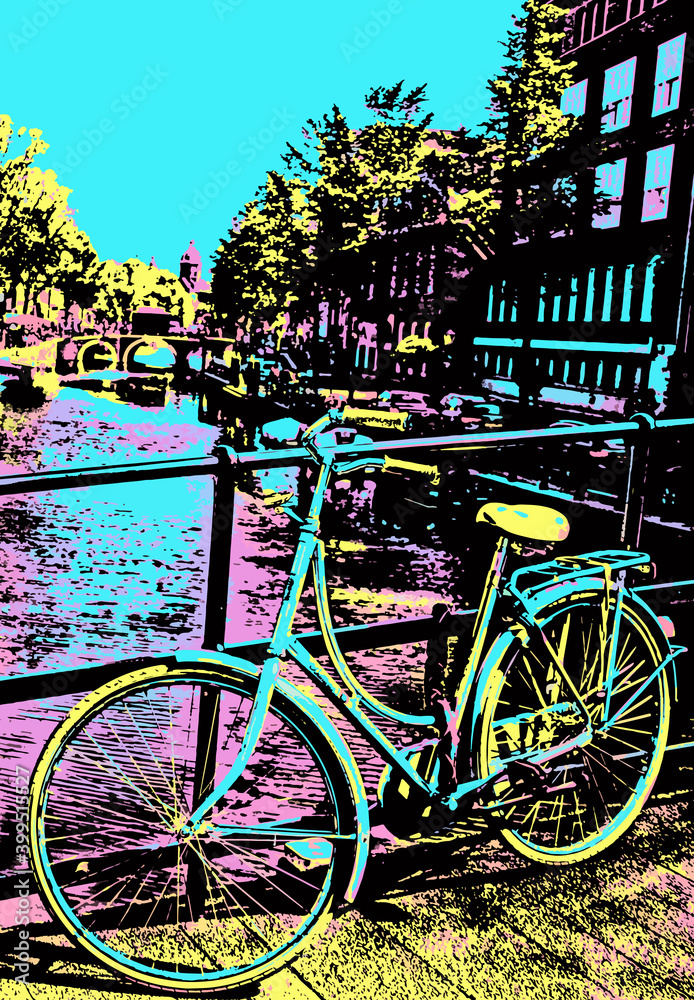 Bicycle stuck in a bridge balustrade over canal of Amsterdam. The Dutch capital, famous for its cultural life and canals. Blacklight Poster filter.