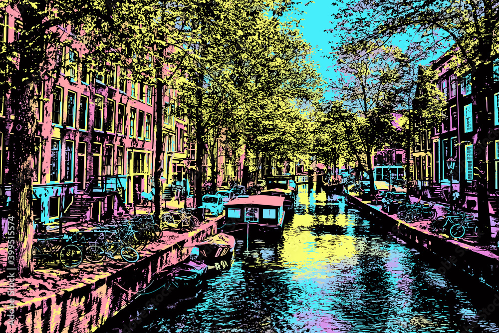 Boats moored in a tree-lined canal with buildings in Amsterdam. The Dutch capital, famous for its cultural life and canals. Blacklight Poster filter.