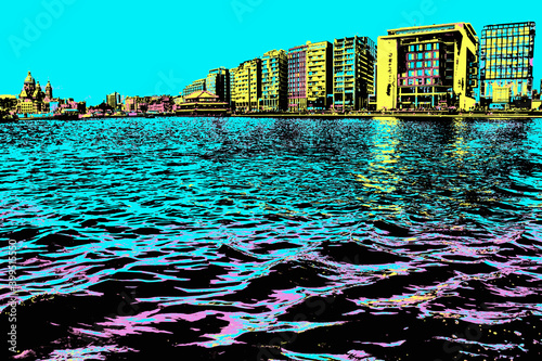 Modern buildings on canal margin in Amsterdam. The Dutch capital  famous for its cultural life and canals. Blacklight Poster filter.