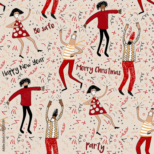 Merry Christmas and happy new year. Christmas party new normal concept with face mask. Vector seamless pattern.