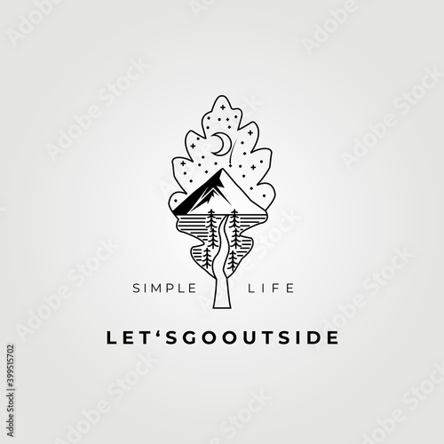 outdoor adventure , fantasy oak leaf logo , creative and clever logo vector, mountain illustration design