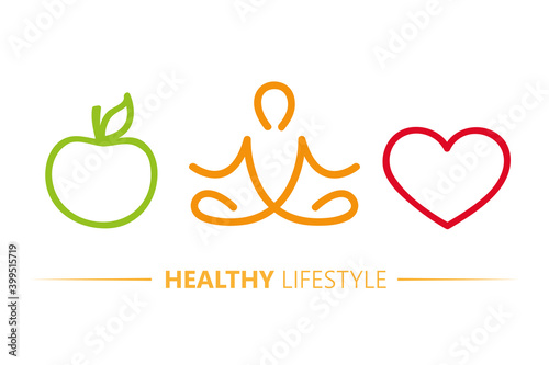 healthy lifestyle concept heart yoga and green apple vector illustration EPS10
