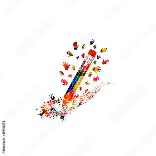 Colorful pencil with musical notes and hands isolated. Creative writing, composing music, education concept vector illustration design
