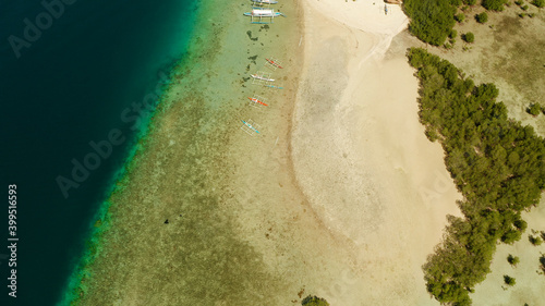 Tropical island and sandy beach with tourists surrounded by coral reef and blue sea in honda bay, aerial view. Island with sand bar and coral reef. starfish island. Summer and travel vacation concept