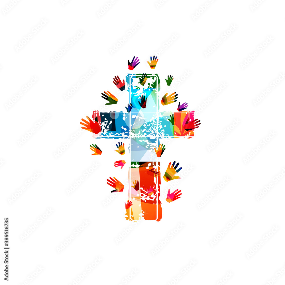 Colorful christian cross with human hands isolated vector illustration. Religion themed background. Design for Christianity, church charity, help and support, prayer and care