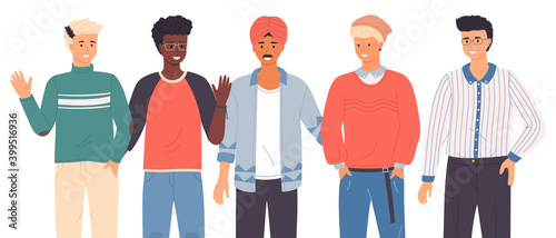 Different races, nationalities guys and men. International people waving hands, gesturing saying hello. Hindu, japanese, african, chinese, norseman. Group of young people. Diverse nations, ethnicity
