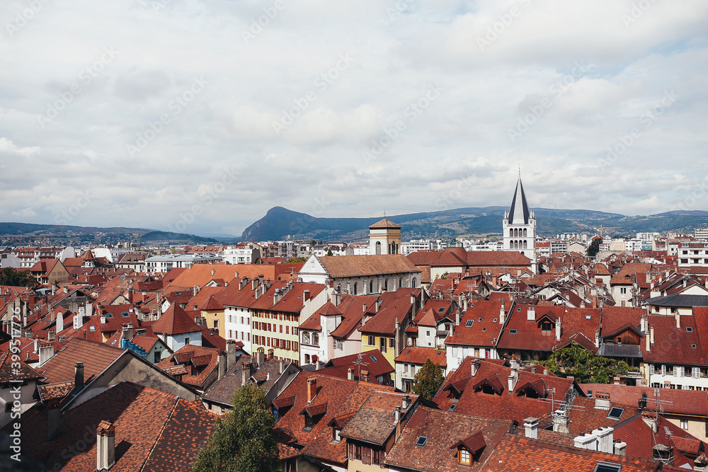Annecy city, top view. Tile roofs, Cathedral