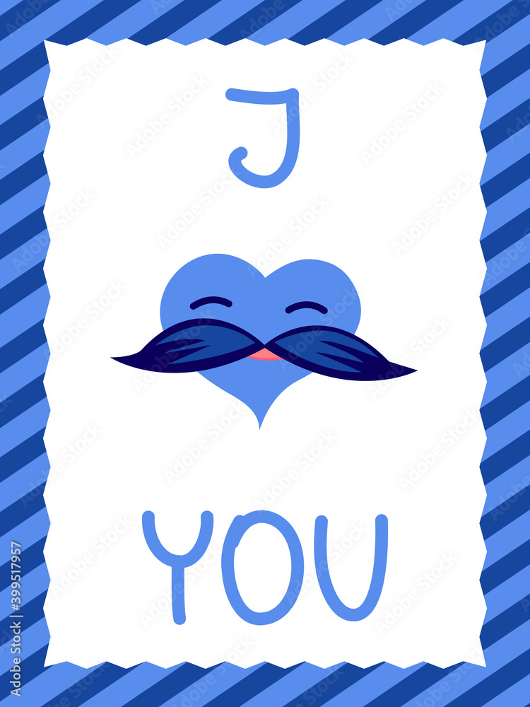 Naklejka premium Valentine's day card. Cartoon male blue heart with mustache on the background of diaonal stripes and the inscription I love you