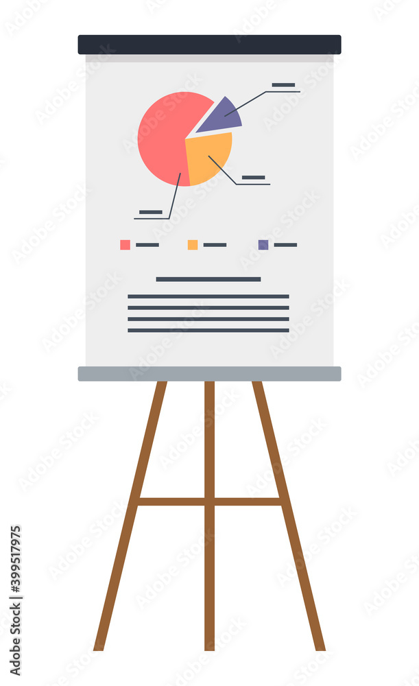Vector icon of wooden flipchart with diagram or pie chart, graphs, data, chart, infographics. Business presentation at board. Report screen with statistics, business strategies, financial plan - obrazy, fototapety, plakaty 
