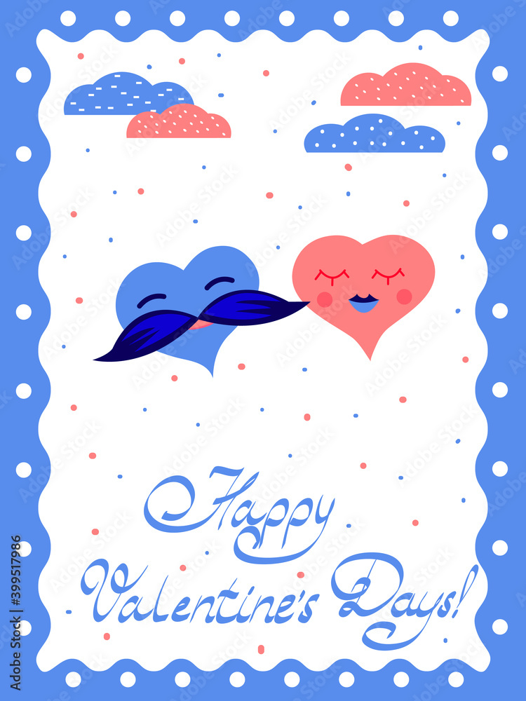 Valentine's day card. Cartoon male and female hearts under pink and blue clouds