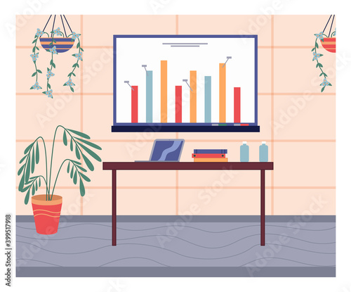 Office interior with digital board  presentation with graph. Table with laptop and folders  bottles. Visualisation of strategy  plan  finance growing. Houseplant decor. Nobody  vector illustration