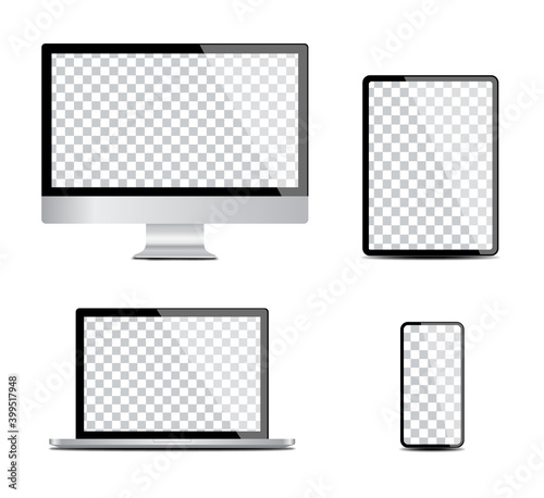 Realistic set computer, laptop, tablet, phone on a white background. Device screens with transparent background. Vector.