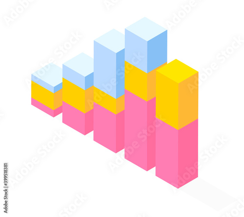 3d growing graphic. Isometric infographics. Financial strategy. Visual presentation. Analysis info business statistic. Digital marketing. Visualization of chart with different sizes columns flat style