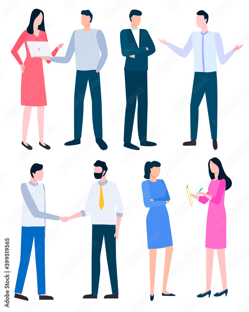 Fototapeta premium Cartoon style man and woman discussing business issues, successful managers leading conversations. Vector people arguing how to write business plan