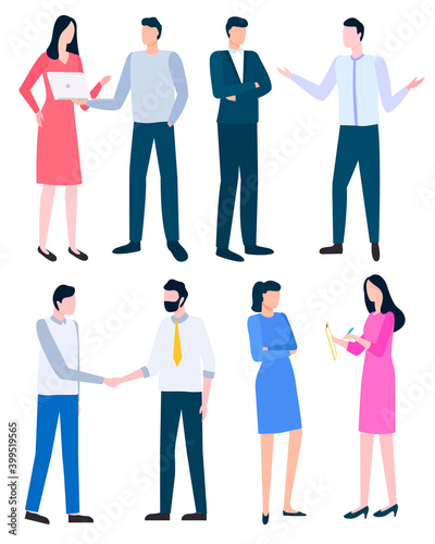 Cartoon style man and woman discussing business issues, successful managers leading conversations. Vector people arguing how to write business plan