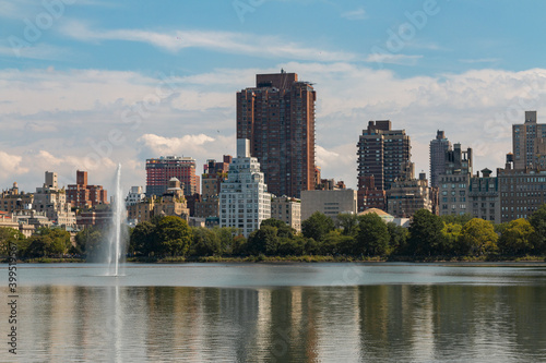 Buildings on the edge of the central park lake. New York.