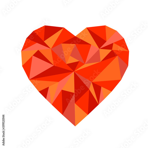 Polygonal heart of red shades. Heart made of triangles. Vector illustration
