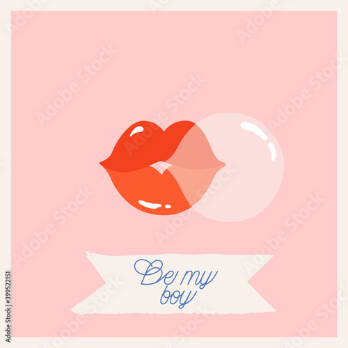 Red lips and bubble gum Valentine's day card, poster. Trendy hand-drawn elements, festive calligraphic text greeting. Vintage retro style Valentine's day card, poster.
